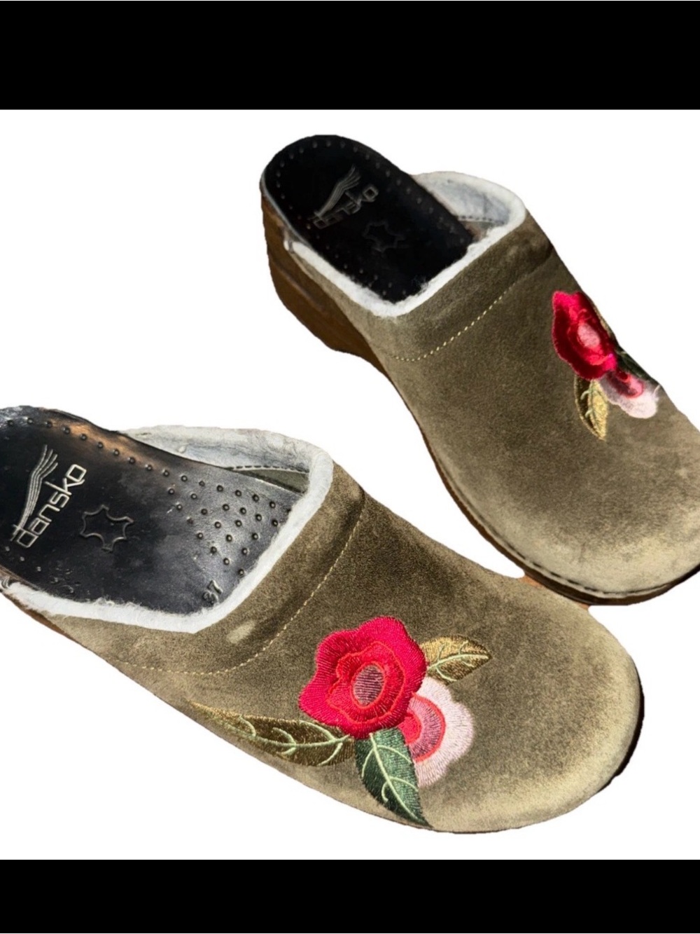 Dansko Womens Size 6- 6.5 US / 37 Brown Suede Embroidered Flowers Clogs Mules